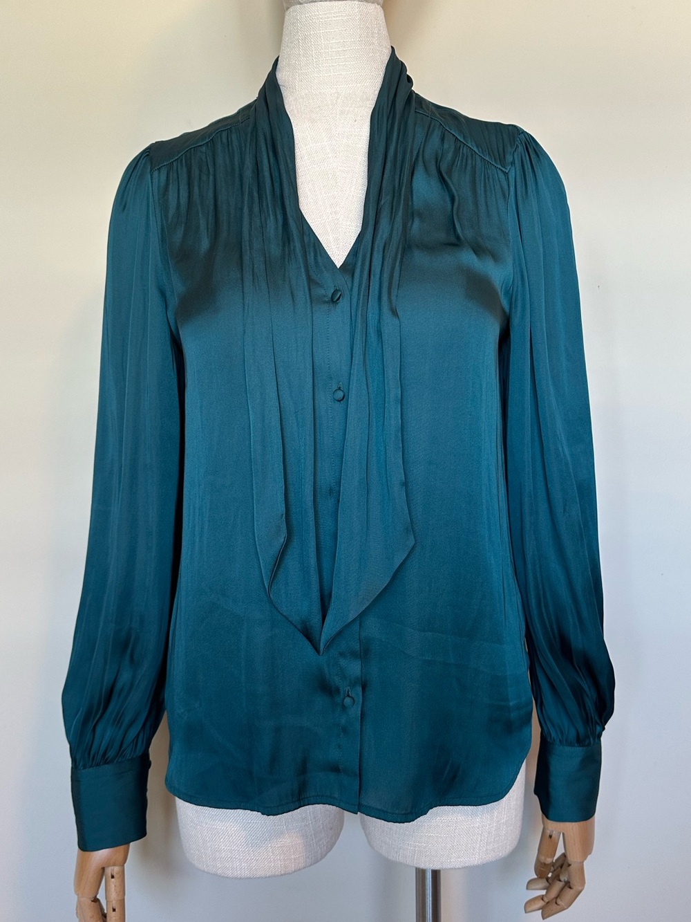 Paige Women’s Tie Neck Satin Button Up Blouse Dark Teal  NWOT